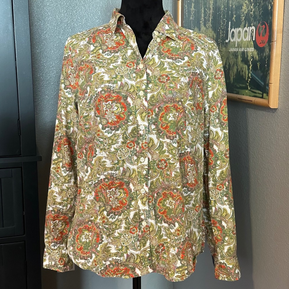 Talbots Paisley Button Down Shirt Womens‎ 10 Multicolor Roll Tab Sleeve Cotton